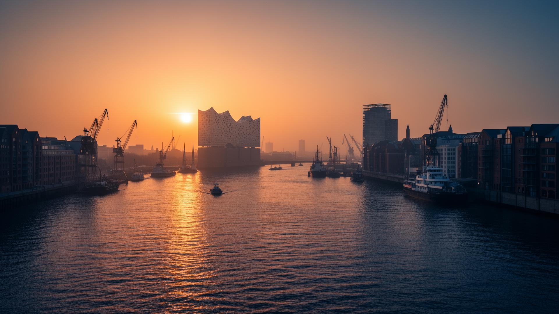 Sonnenuntergang über dem Hamburger Hafen mit Elbphilharmonie